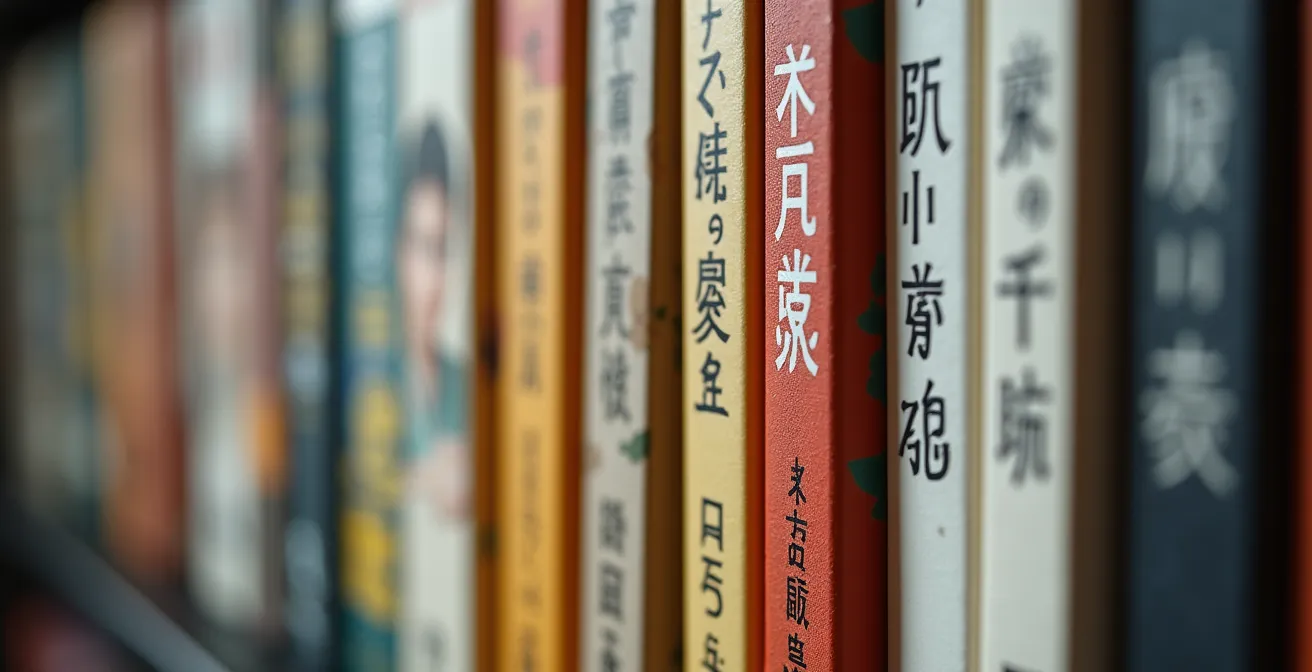 Gros plan sur des dos de mangas montrant des différences d'édition et d'alignement