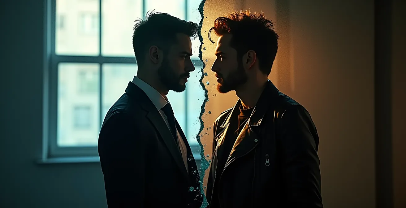 Portrait fragmenté d'un personnage de manga montrant deux facettes opposées, symbolisant la dualité intérieure.