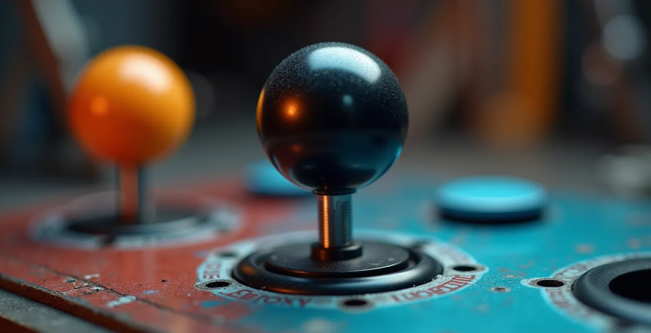 Gros plan sur un stick arcade japonais avec composants Sanwa dans un atelier