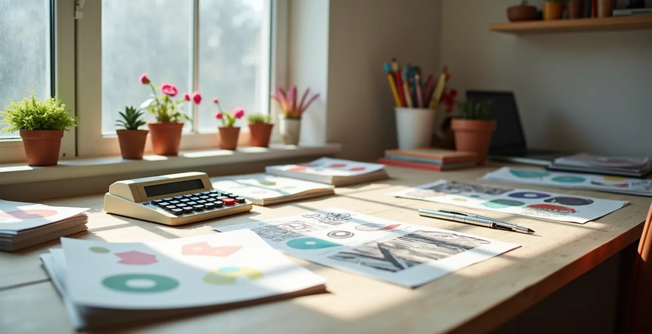 Bureau créatif avec calculatrice, fanzines et notes de calcul de prix, ambiance studieuse et professionnelle