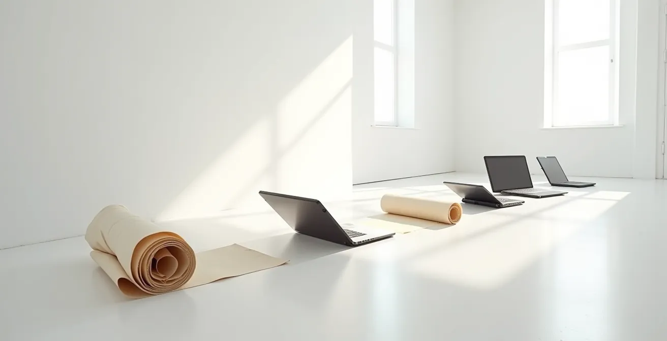 Diagramme visuel abstrait montrant l'évolution chronologique d'une franchise à travers différents médias