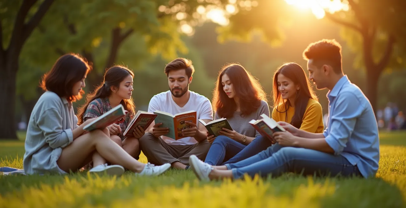 Groupe de personnes lisant des mangas en silence dans un parc