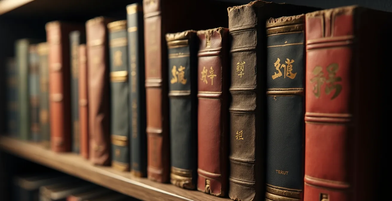 Gros plan sur une étagère de mangas seinen et gekiga aux couvertures sombres, éclairage dramatique