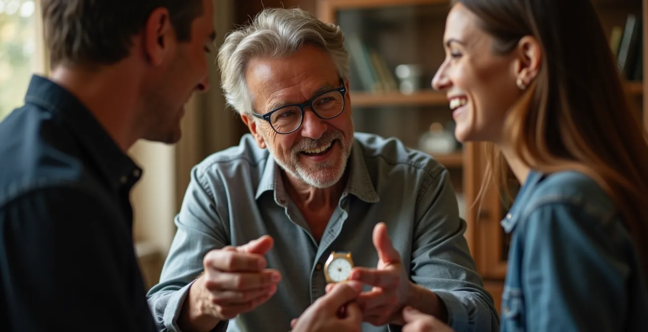 Personne montrant fièrement sa collection organisée à des invités intéressés dans un salon lumineux