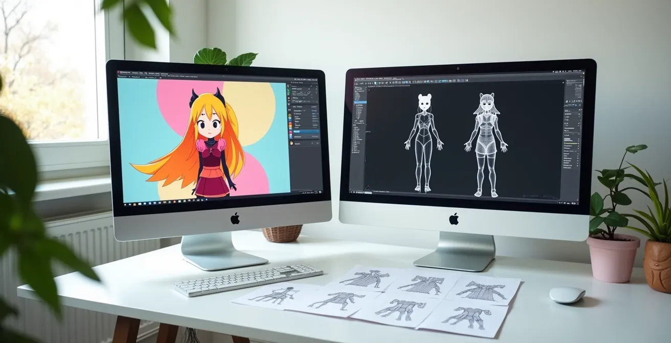 Comparaison technique entre un personnage manga 2D et sa version 3D pour jeu vidéo