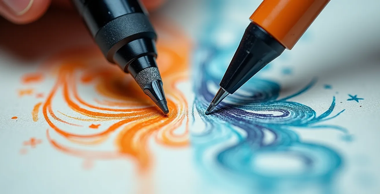 Comparaison visuelle des traits créés avec une plume G et un feutre fin pour le dessin manga