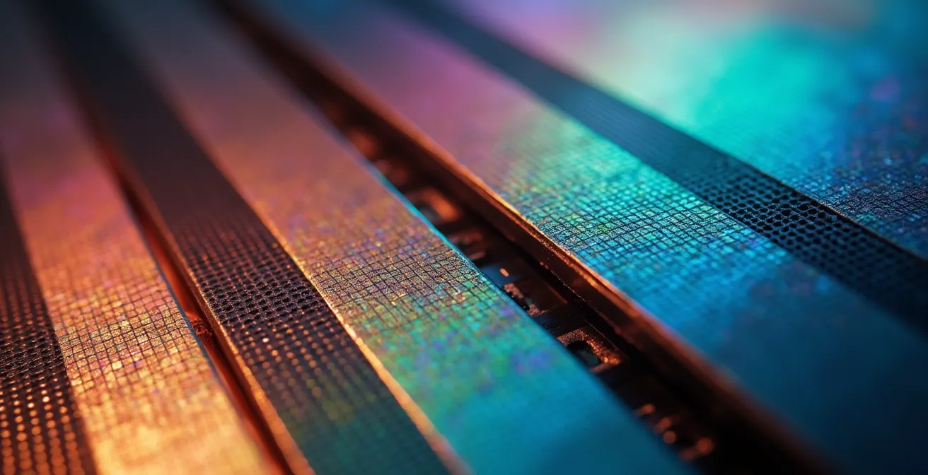 Détail macro montrant les textures et le grain caractéristique des supports vidéo vintage