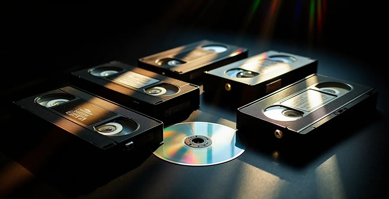Composition minimaliste montrant des cassettes VHS et des disques LaserDisc arrangés artistiquement avec jeu de lumières colorées