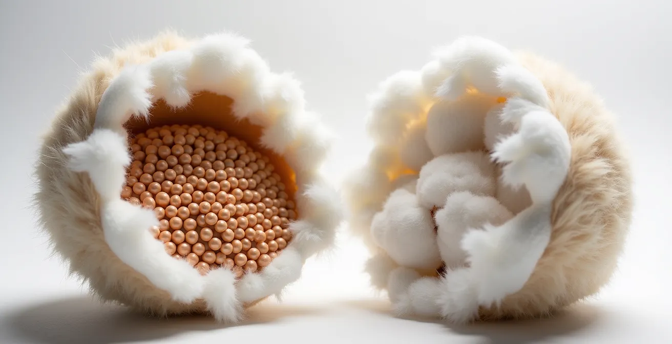 Vue macro comparative de microbilles et coton dans des peluches