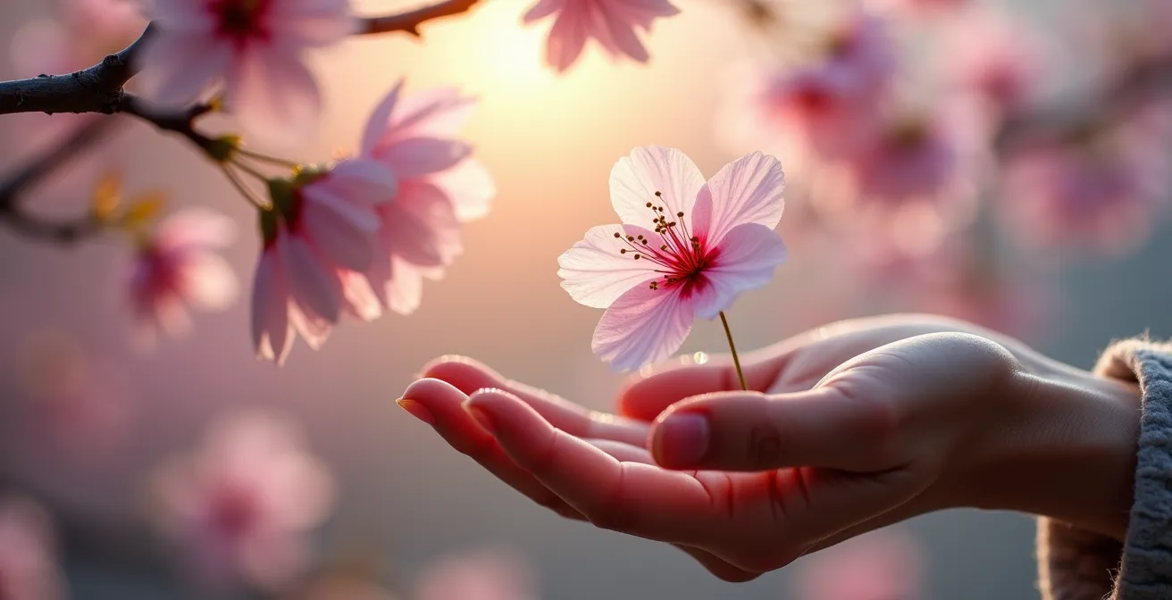 Contemplation des pétales de cerisier tombant naturellement, concept du mono no aware