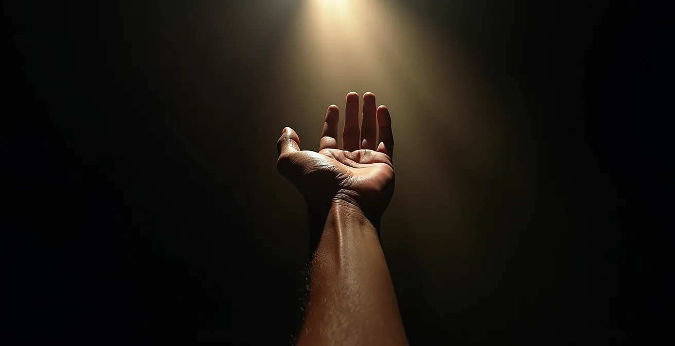 Main tendue émergeant de l'obscurité, symbolisant les conséquences et la lutte plutôt que la violence elle-même.