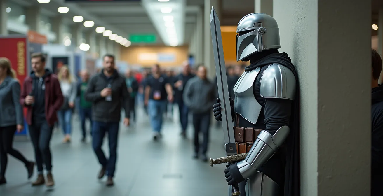 Cosplayer en armure tenant une grande épée verticalement dans une allée de convention bondée
