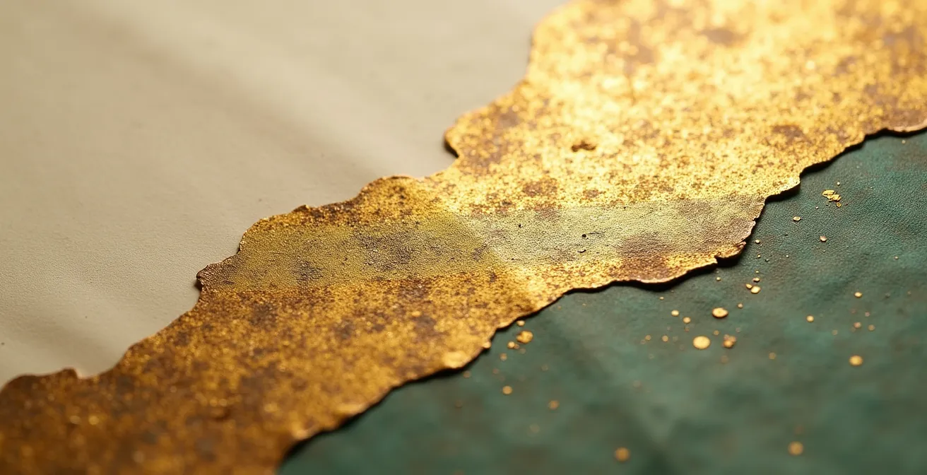 Vue macro d'une bordure dorée de shikishi vintage montrant les détails de la patine et de l'oxydation naturelle