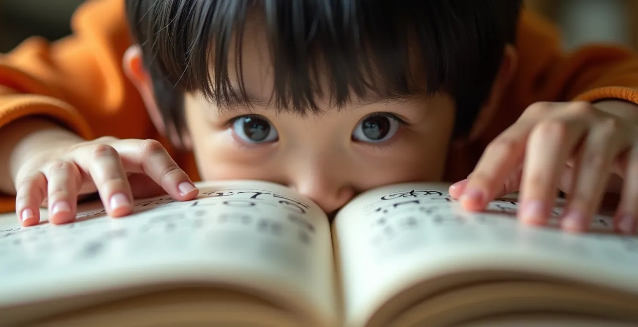 Un enfant concentré découvrant les codes graphiques et émotionnels d'une bande dessinée