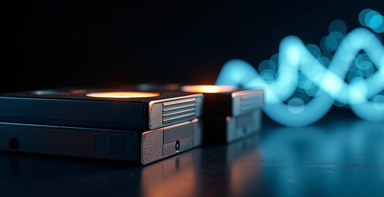 Composition montrant l'évolution des supports vidéo des années 90 à aujourd'hui