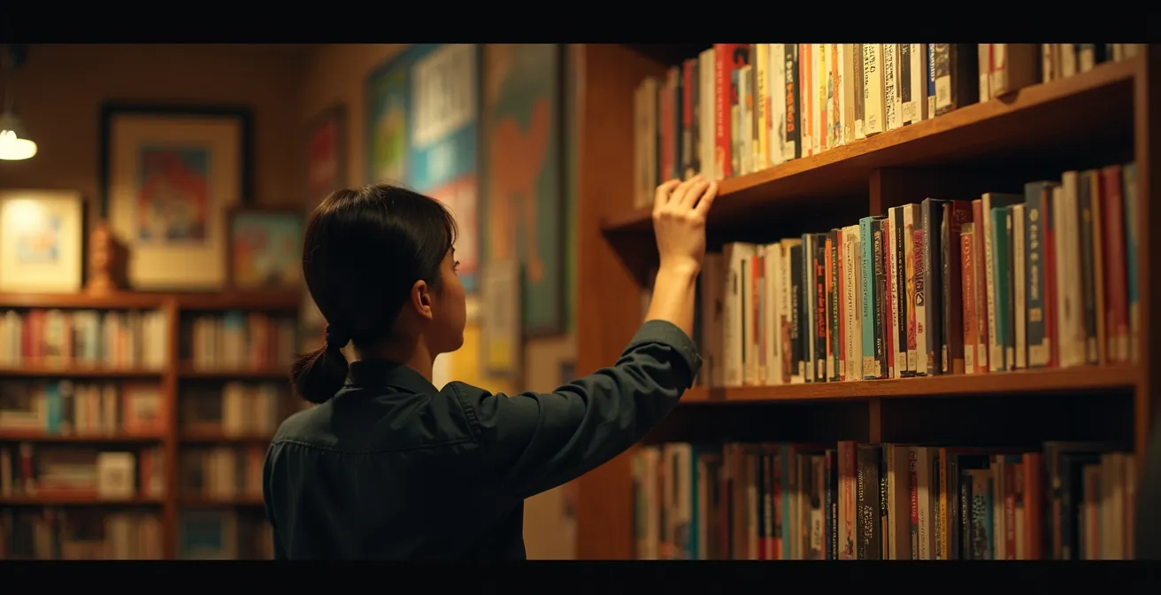 Client parcourant les rayons d'une librairie indépendante spécialisée en manga, ambiance intimiste avec éclairage chaleureux