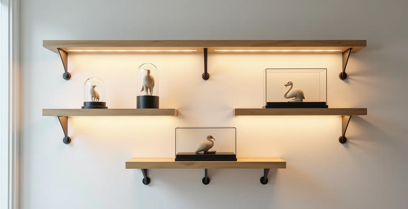 Étagères modulables avec éclairage LED intégré mettant en valeur une collection de figurines dans des cloches en verre