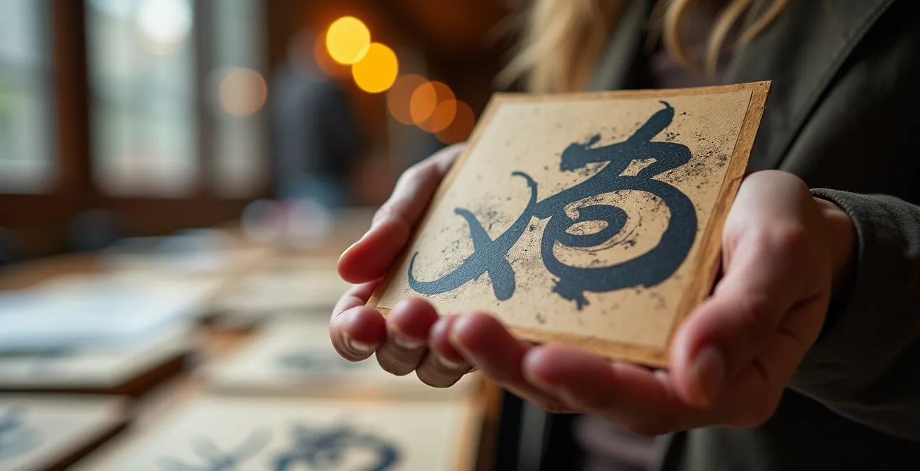 Main tenant délicatement un shikishi avec des dessins manga, face à un stand de dédicaces