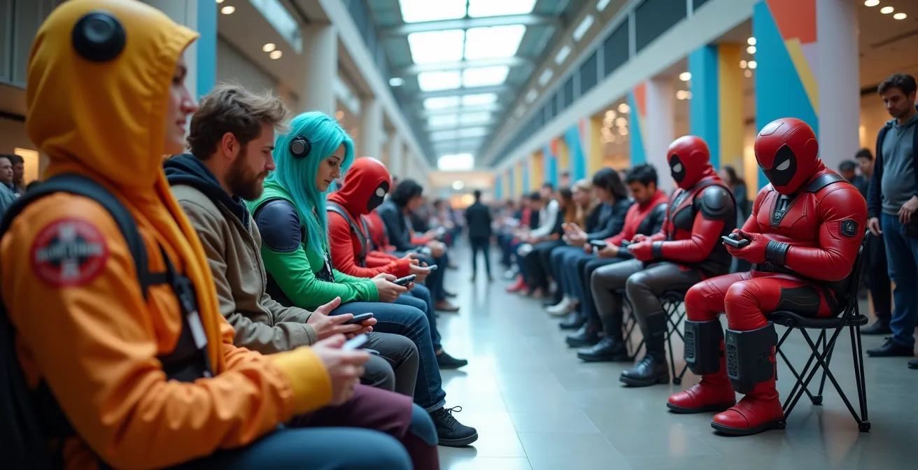 Vue aérienne d'une file d'attente serpentine avec des fans en cosplay socialisant