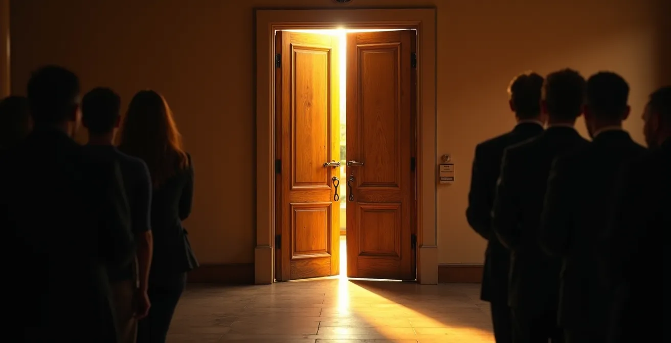 Représentation métaphorique du gatekeeping dans une communauté de fans, avec une porte entrouverte laissant passer une lumière chaude.