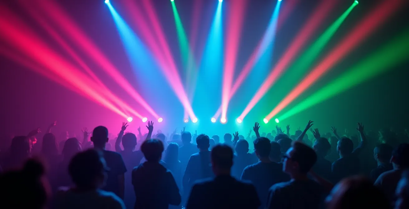 Vue macro de bâtons lumineux multicolores synchronisés dans une foule de concert, créant des motifs lumineux abstraits