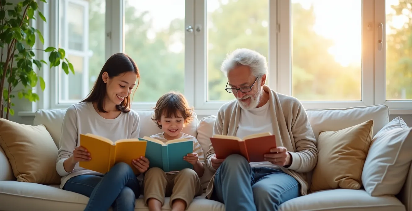 Trois générations de lecteurs réunies dans un salon lumineux partageant différents styles de lecture