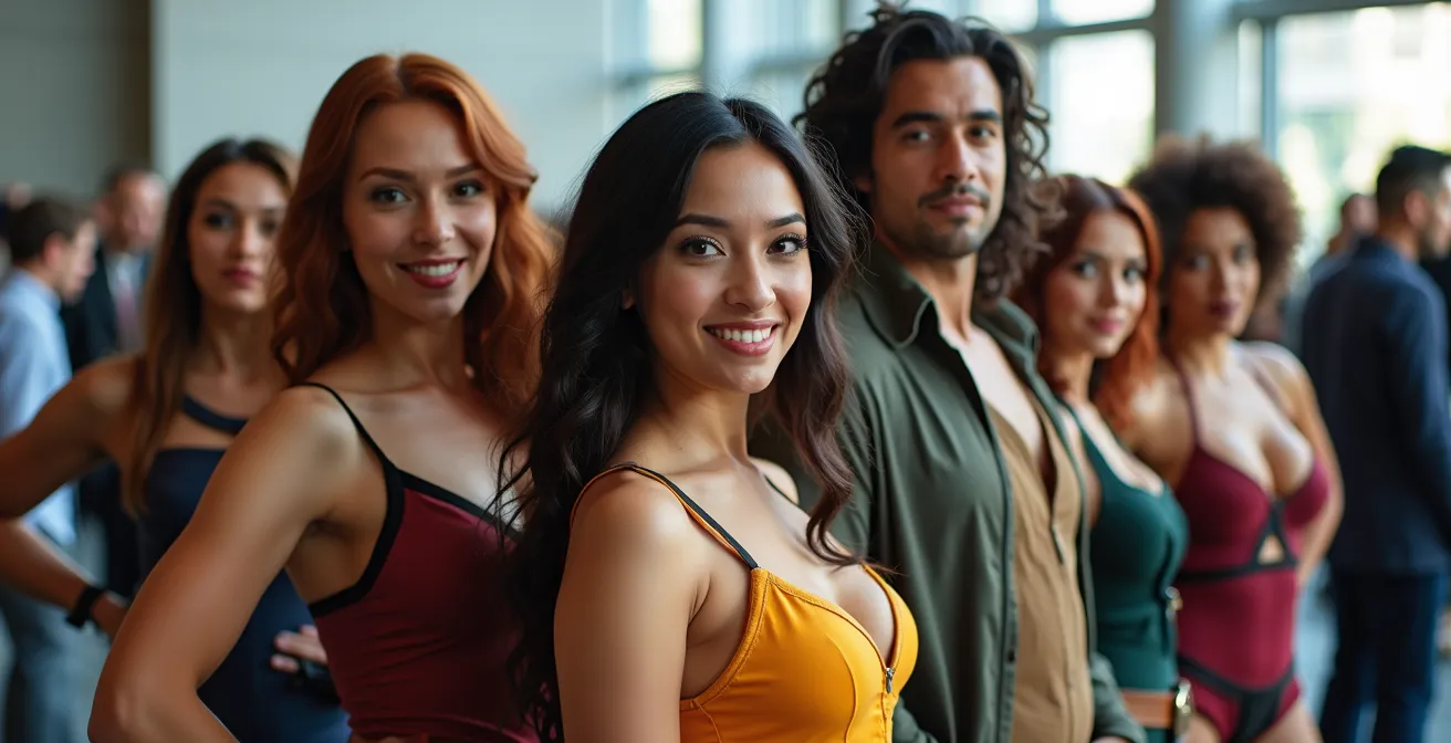 Groupe diversifié de cosplayers de différentes morphologies posant ensemble avec confiance