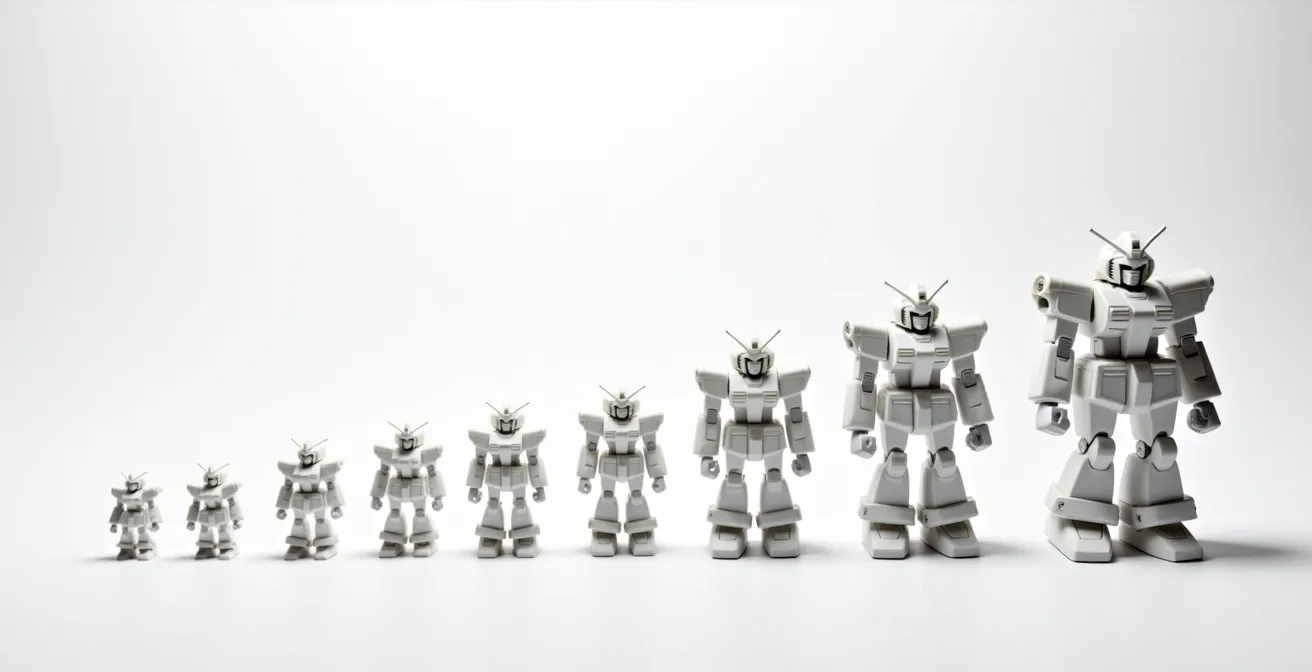 Comparaison visuelle de kits Gunpla de différentes échelles disposés sur une surface épurée