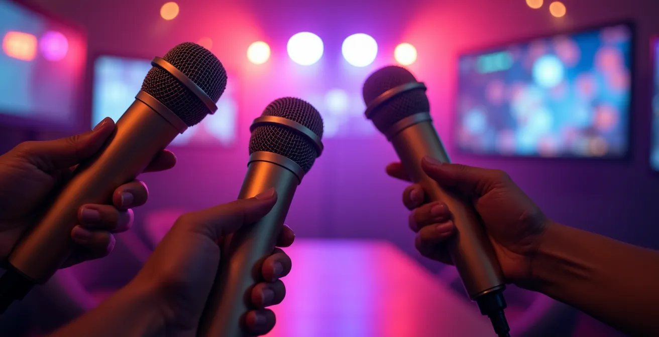 Intérieur d'un karaoké box japonais avec éclairage néon multicolore et microphones dorés sur table