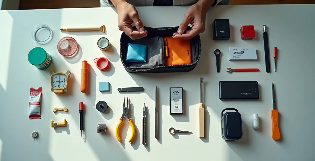 Vue d'ensemble d'un kit de survie cosplay organisé avec tous les outils essentiels disposés méthodiquement