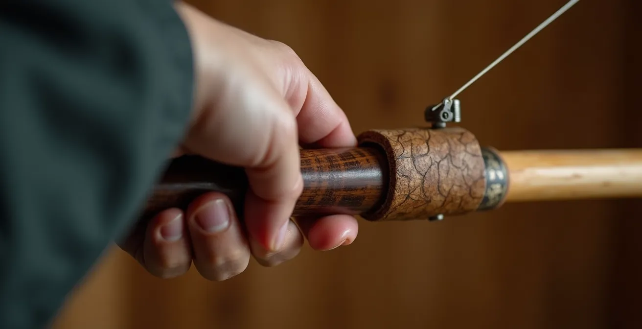 Archer pratiquant le Kyudo avec l'arc traditionnel japonais yumi dans un dojo français