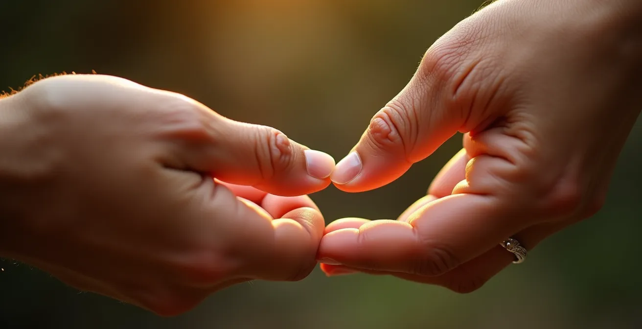 Macro photographique de deux mains s'effleurant avec une texture et profondeur captivantes