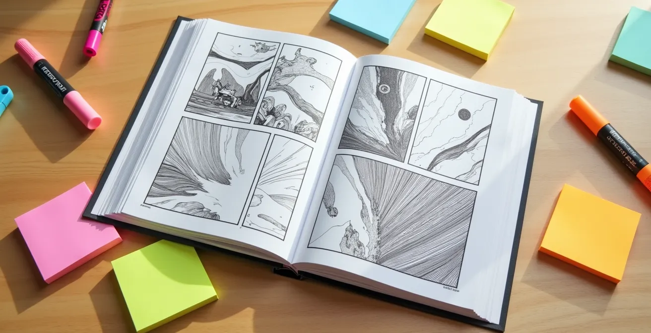 Manga ouvert avec notes colorées et surligneurs, technique de lecture active