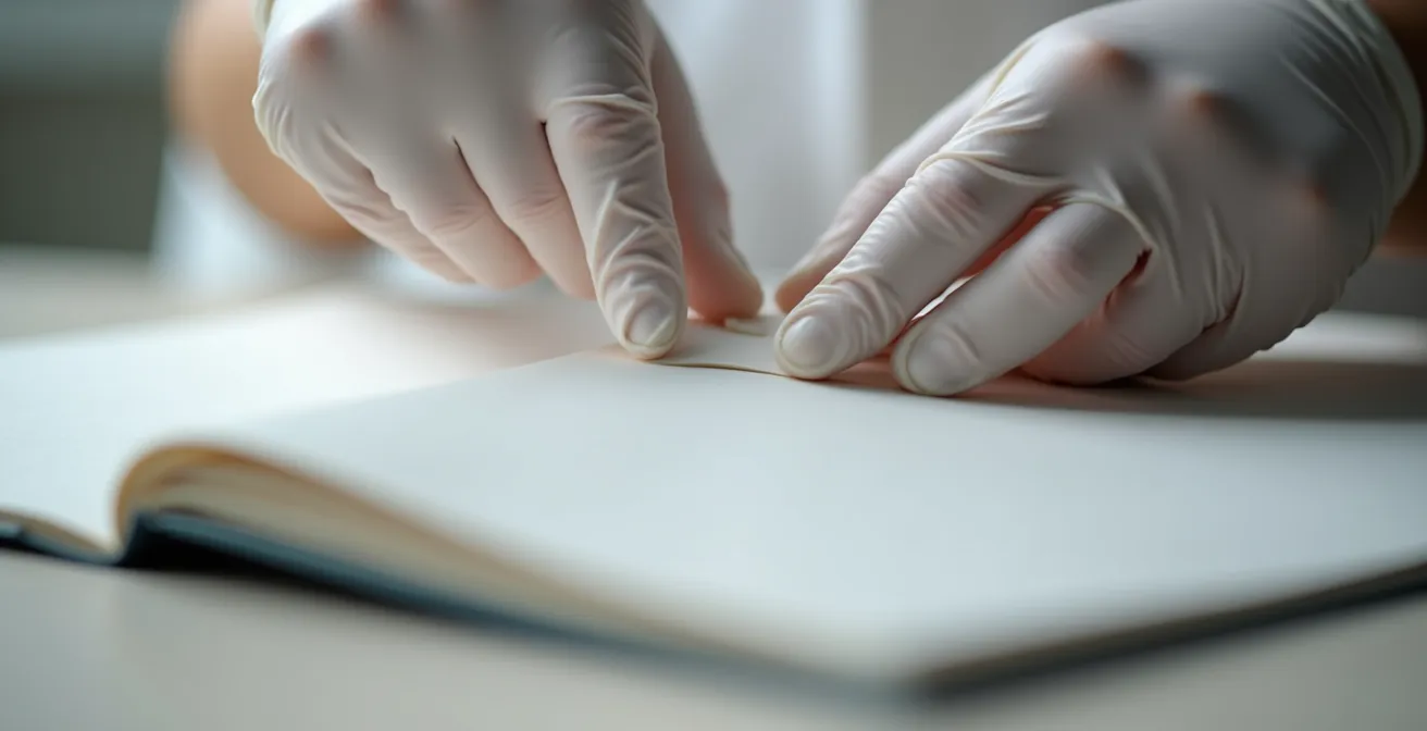 Mains avec gants blancs manipulant délicatement les pages d'un livre de collection