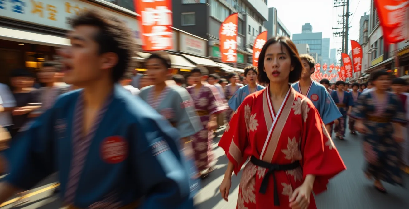 Énergie collective d'un festival matsuri avec porteurs de mikoshi