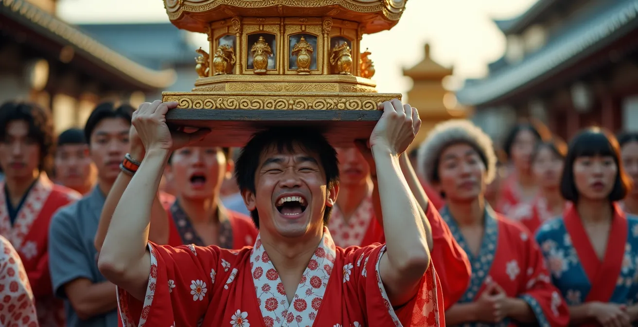 Porteurs de mikoshi en happi traditionnels soulevant un sanctuaire portable doré lors d'une procession de matsuri