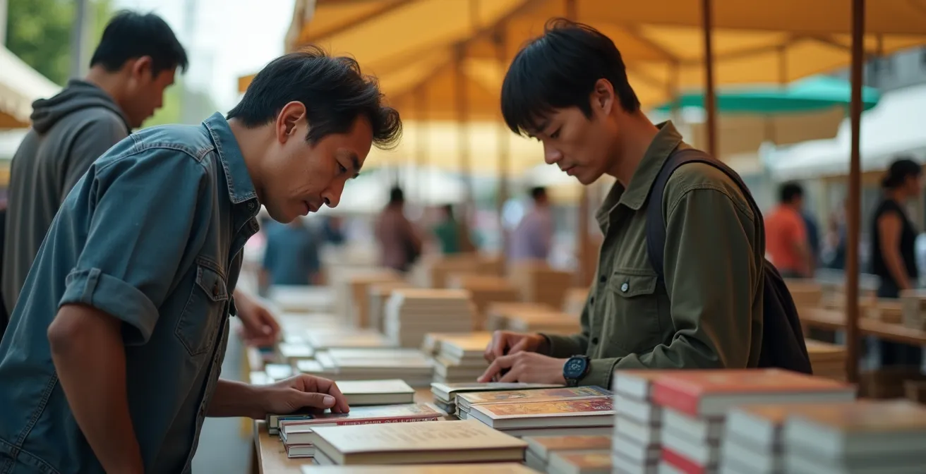 Scène de marché aux puces avec un acheteur examinant calmement des mangas sur un étal, expression neutre et posture décontractée