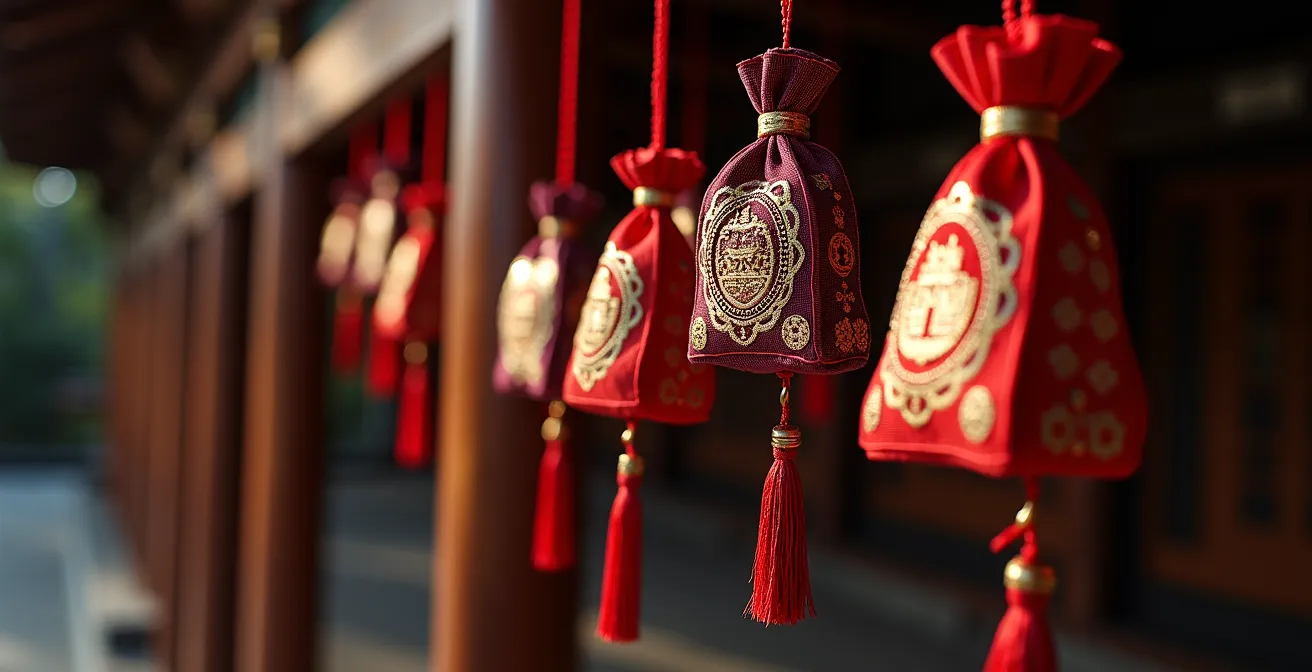 Collection d'omamori colorés suspendus dans un sanctuaire avec des motifs traditionnels