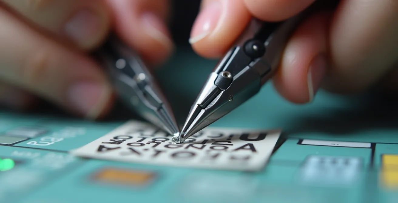 Mains utilisant une pince coupante ouverte pour positionner un autocollant sur une pièce de Gundam