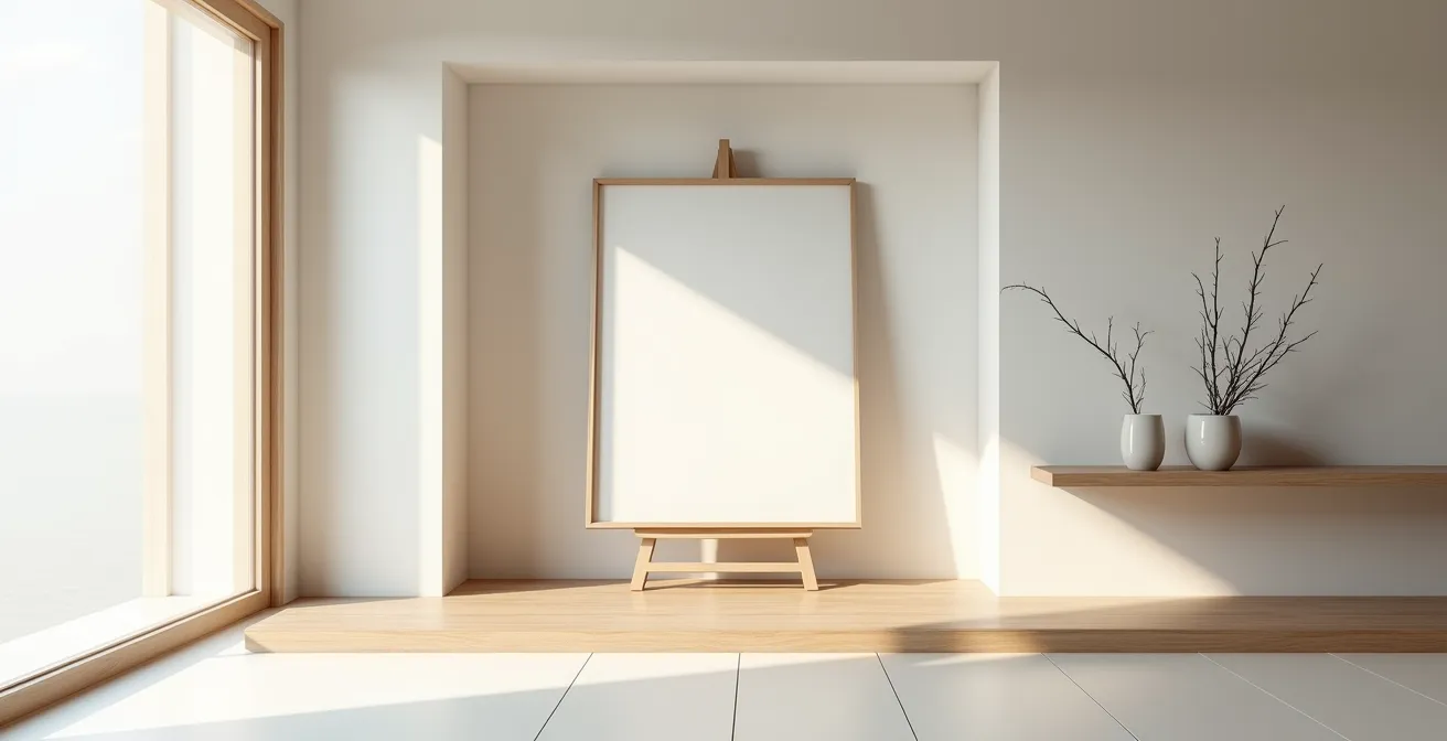 Espace d'exposition inspiré du tokonoma japonais avec shikishi sur chevalet en bois et éclairage indirect