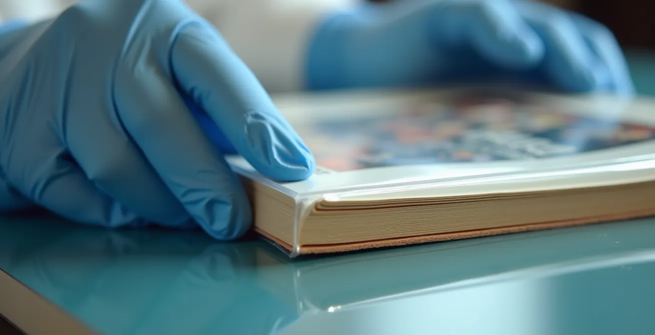 Gros plan macro sur une main gantée plaçant délicatement un manga dans une pochette de protection transparente avec backing board
