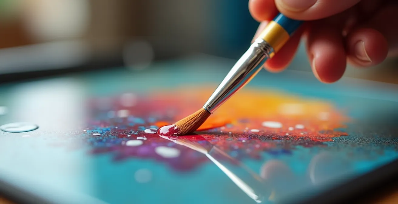 Application minutieuse de vernis protecteur sur un porte-clés acrylique avec pinceau fin