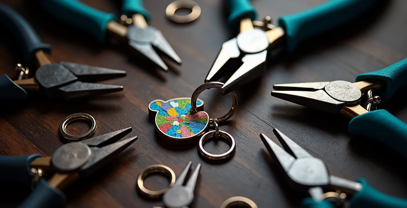 Outils de bijouterie disposés autour d'un porte-clés en cours de réparation