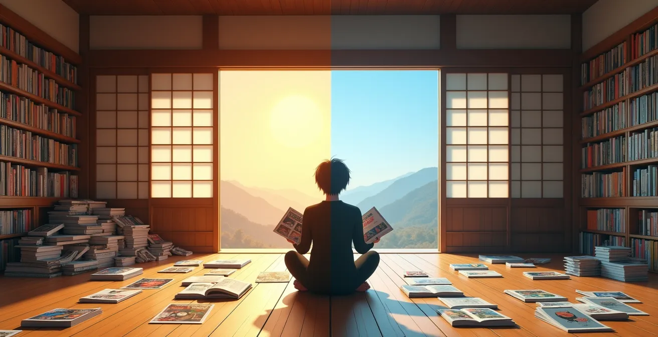 Comparaison visuelle entre lecture hebdomadaire et mensuelle de manga, illustrant les différentes expériences de consommation