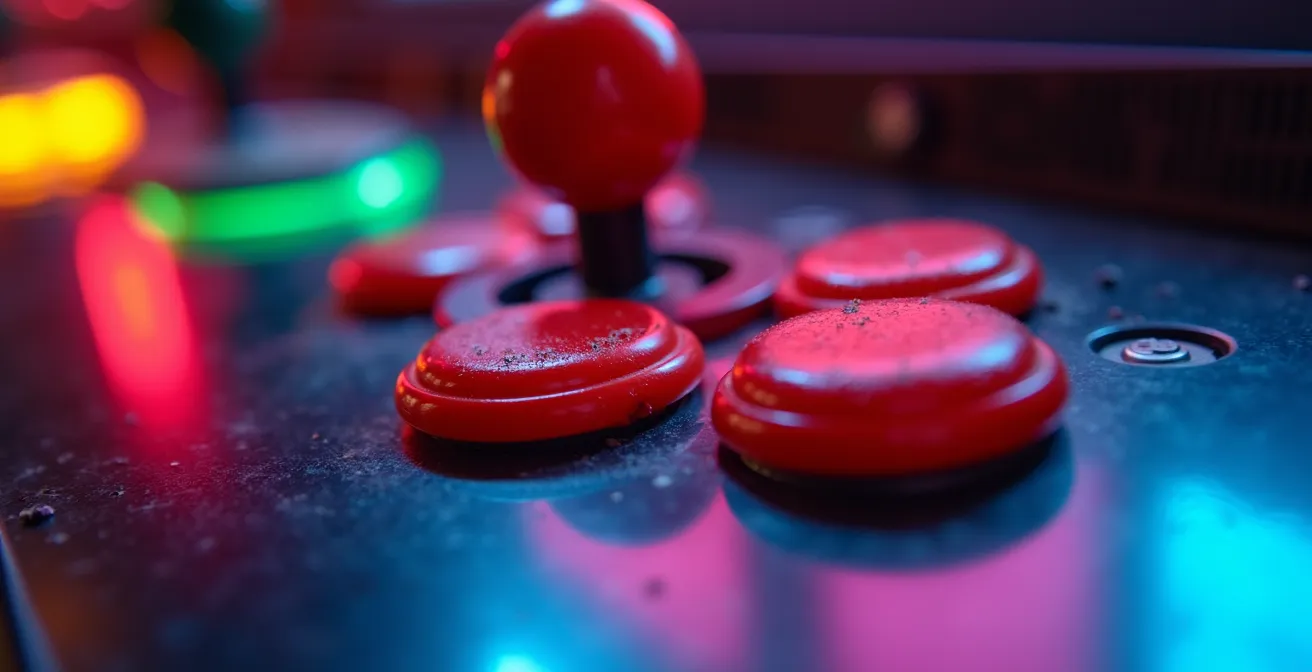 Salon transformé en arcade japonaise avec éclairage néon et bornes de jeu