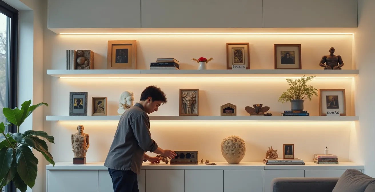 Salon minimaliste avec collection geek exposée de manière élégante