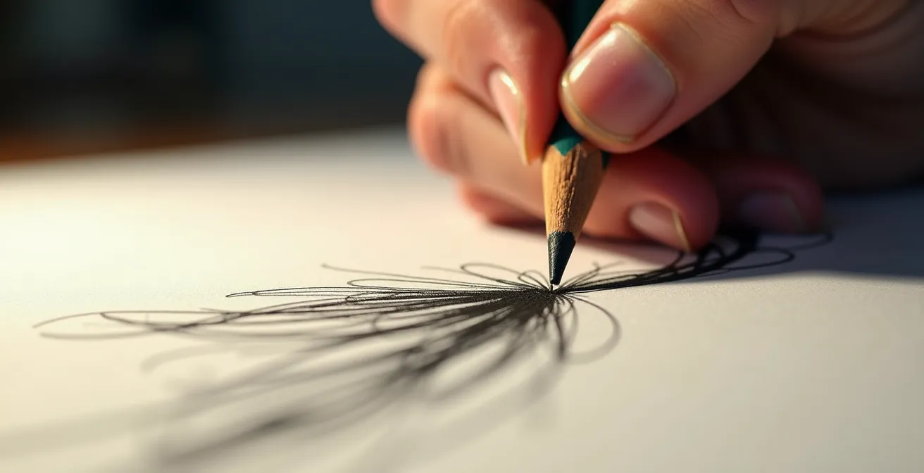 Gros plan macro sur une main d'animateur traçant des lignes fluides sur papier avec effet de mouvement