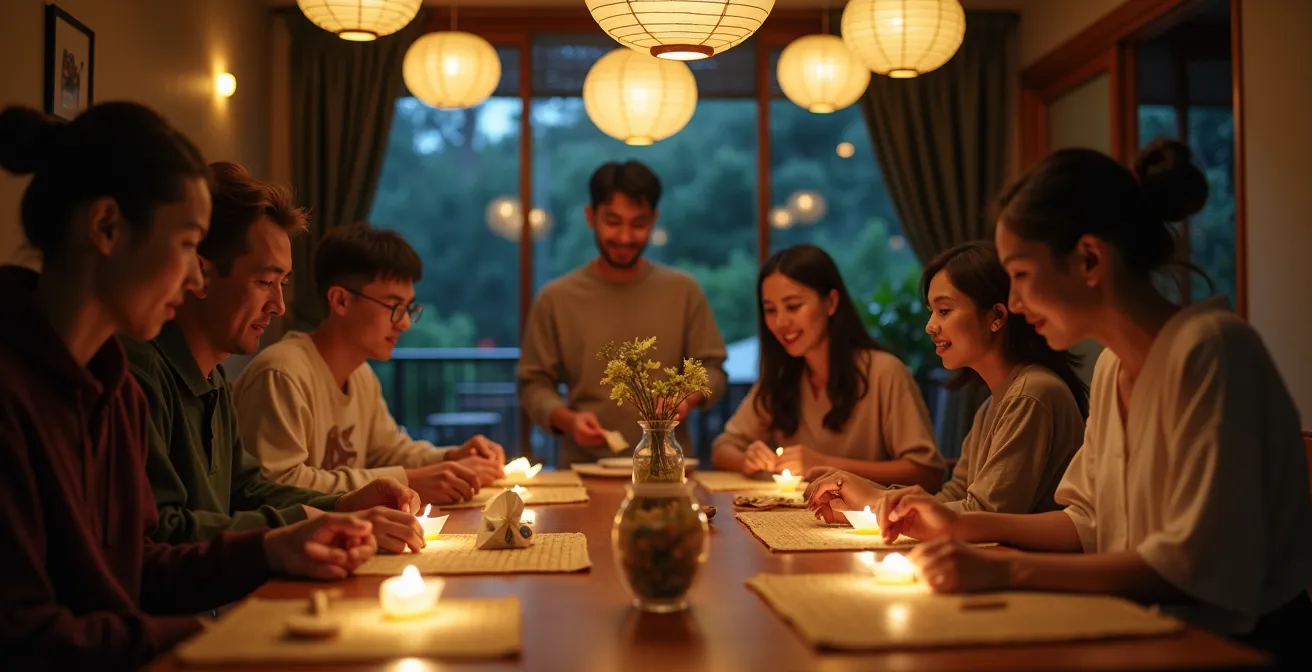 Groupe d'amis partageant un moment convivial autour d'activités japonaises dans une ambiance chaleureuse