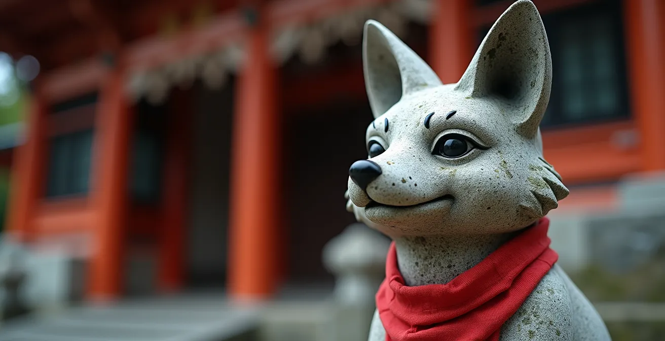 Gros plan sur une statue de renard en pierre avec un bavoir rouge traditionnel devant un sanctuaire Inari