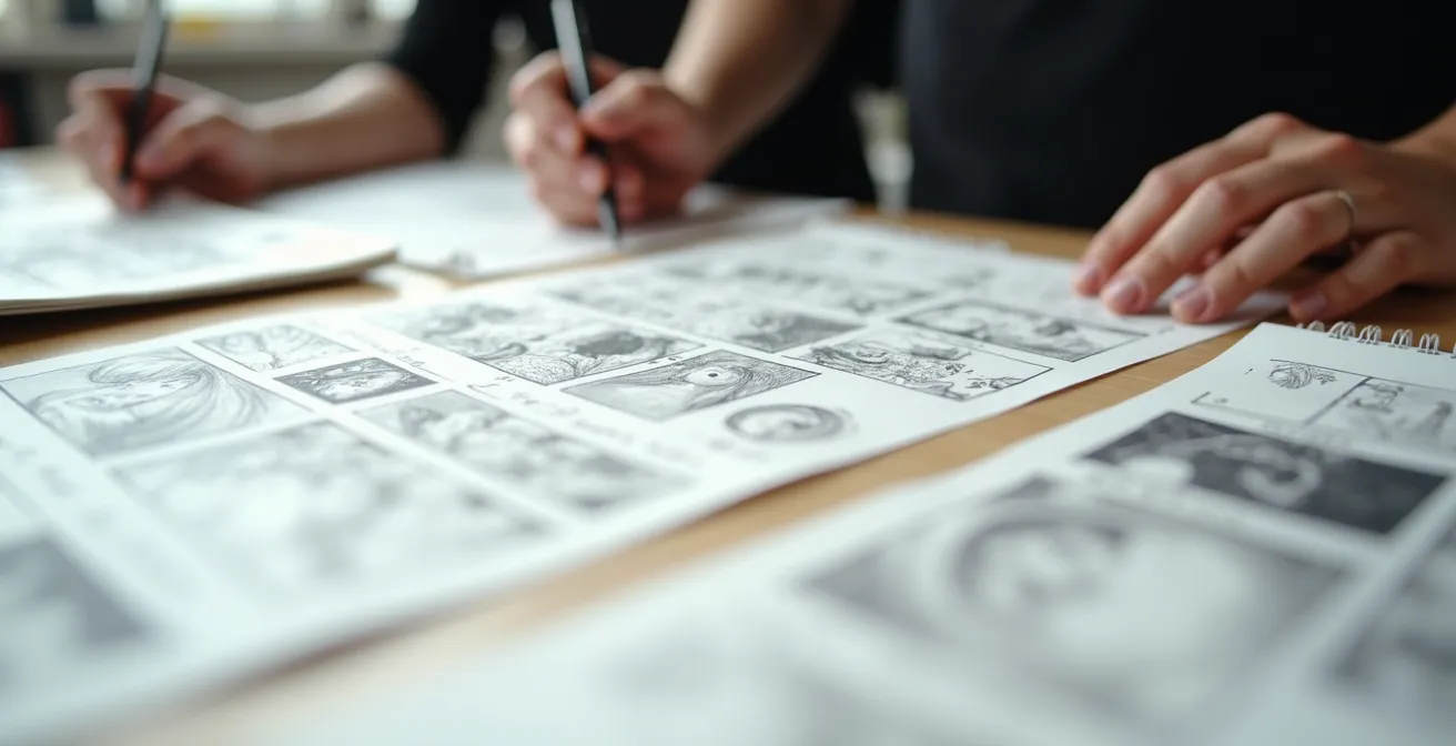 Gros plan sur un storyboard manga montrant le processus créatif collaboratif